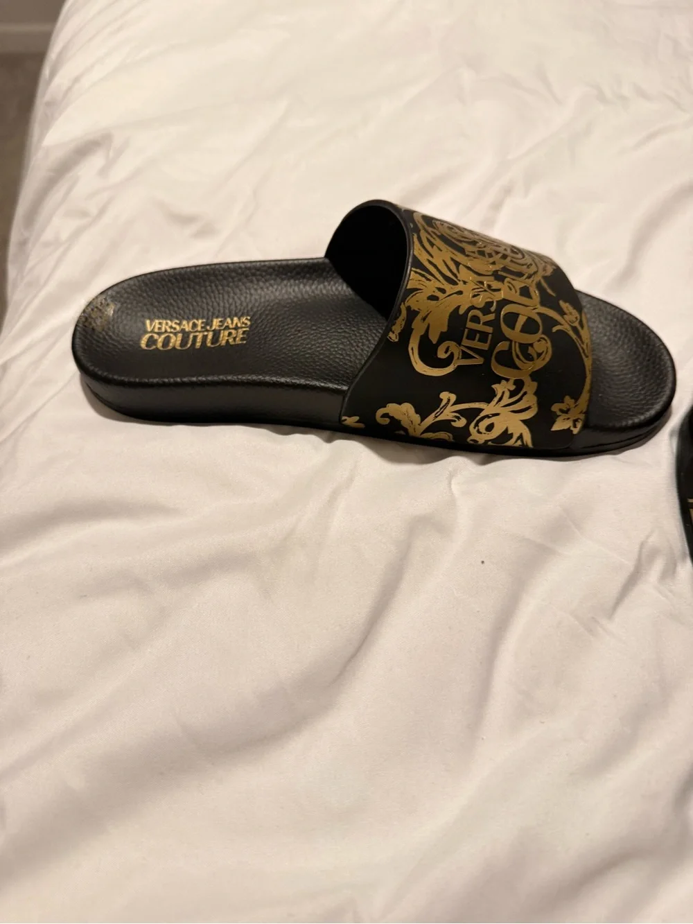 Versace Jeans Collection Black and Gold Baroque Slide Sandals